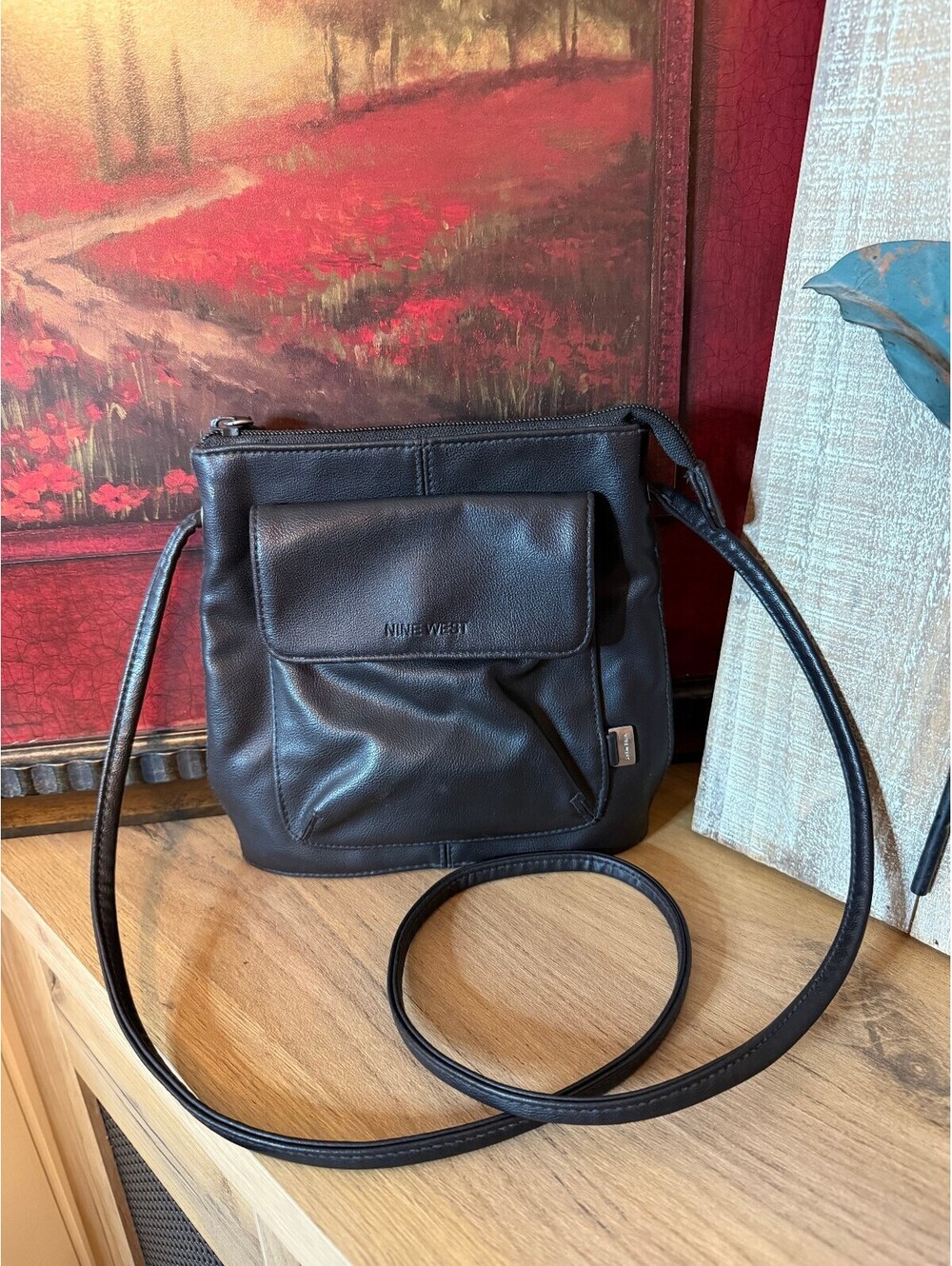 Nine West Dark Chocolate Faux Leather Crossbody Zip Bag